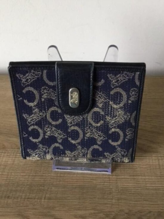 Celine Handbags - Vintage Celine Macadam Navy & Beige Horse & Carriage Bifold Wallet Leather Trim